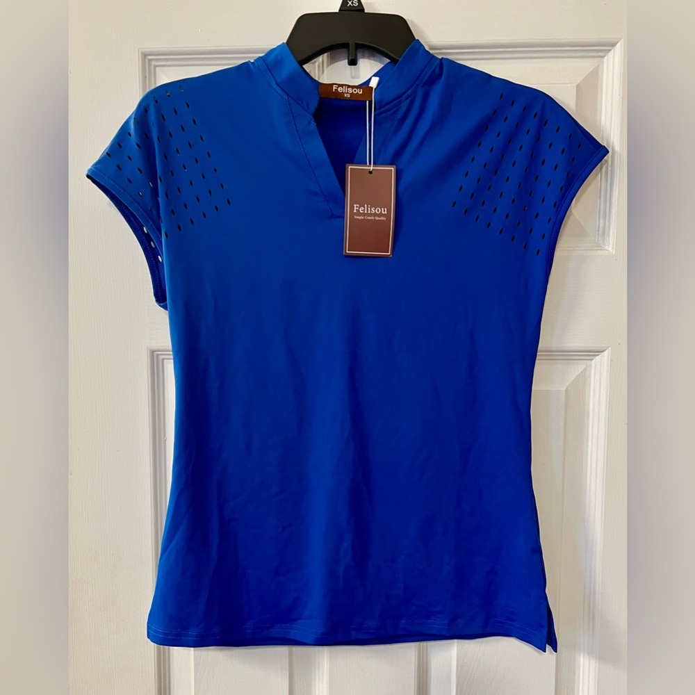 NWT Blue Cap Sleeve Tee with Laser-Cut Shoulders Size XS